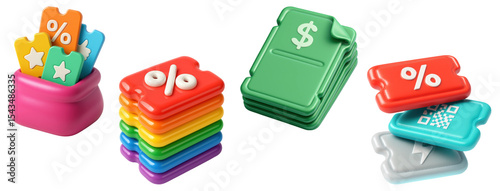 Colorful 3D discount coupons, dollar vouchers, and QR code tickets, isolated on transparent background