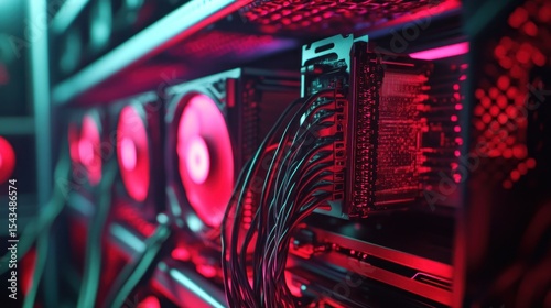 Intense computer rig in neon light