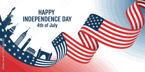 happy independence day 4th of july celebration with american flag ribbon and usa landmarks on red white and blue patriotic background