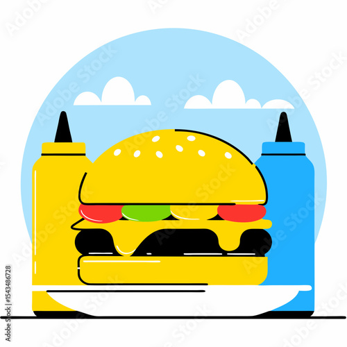 Burger icon with condiments and flat blue sky