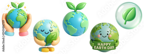 Cute 3D Earth characters with leaves and Happy Earth Day message, isolated on transparent background