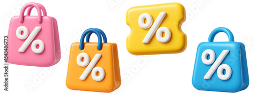 3D shopping bags and discount tags with bold percent symbols in bright colors, isolated on transparent background