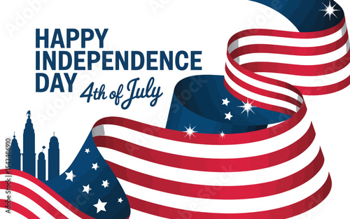happy independence day 4th of july celebration with american flag ribbon, city skyline silhouette and patriotic stars and stripes