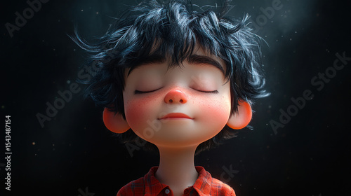 Animated boy, eyes closed, serene