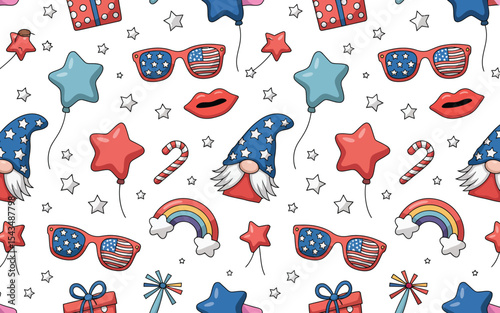 seamless patriotic pattern with stars, sunglasses, wizard hats, lips, rainbows, candy canes, gifts, and balloons in red, white, and blue