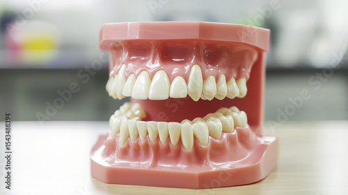 A dental model of a human jaw with teeth, placed on a table in a laboratory setting.