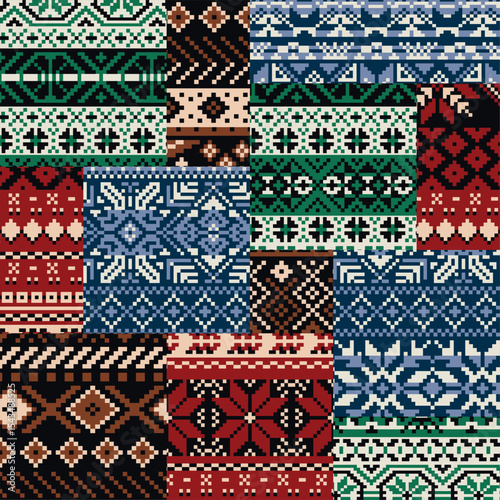 Norwegian traditional knitted snow flakes jacquard patchwork abstract winter textile vector seamless pattern for shirt sweater fabric wallpaper tablecloth pillow carpet