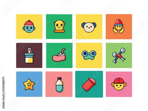 Collection of Cute Cartoon Icons on Colorful Squares for Children s Design