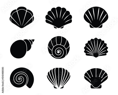 Assorted Seashell Silhouettes in a Grid Pattern on a White Background