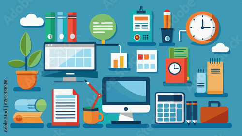 Flat design illustration of a modern office workspace with various items isolated on white background