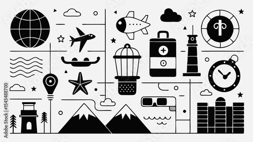 Travel icons collection black and white line art isolated on white background