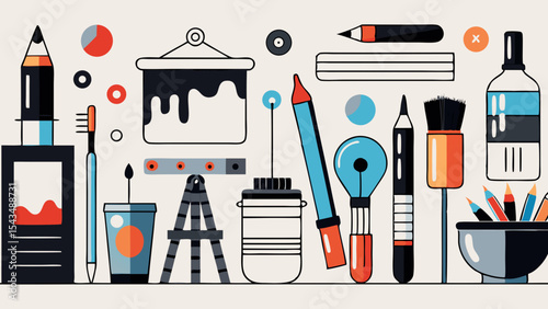 Collection of art supplies and tools isolated on white background