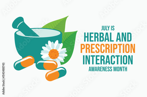 July is Herbal and Prescription Interaction Awareness Month poster vector illustration. Pharmacy mortar and pestle, herbs and medical capsule vector. Template for background, banner, card