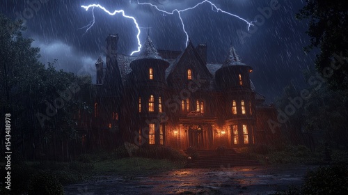 Haunted mansion in stormy night