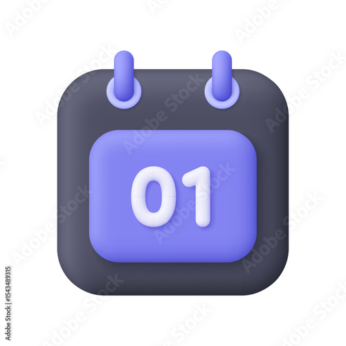 Black purple calendar with 1th day of the month. Time management, planning, deadline and event schedule concept. 3d vector icon. Cartoon minimal style.