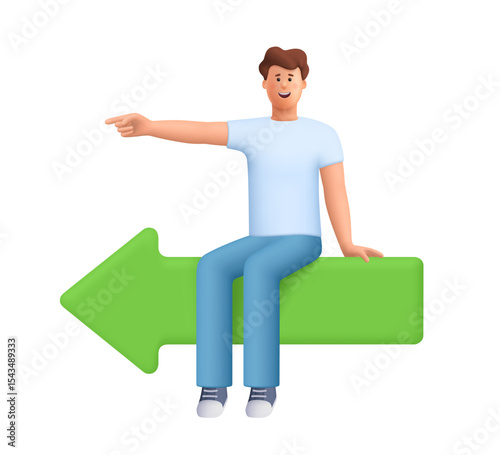 Young smiling man James sitting on a large green arrow signboard and pointing left direction. Business decision, work direction and leadership. 3d vector people character. Cartoon minimal style.