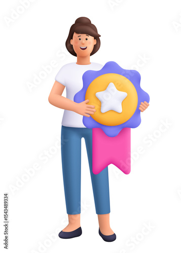 Young smiling woman Jane holding a large medal with star and ribbon. Leadership, reward, achievement, success and winning concept. 3d vector people character. Cartoon minimal style.