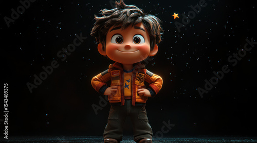 Animated child, confident pose, space backdrop