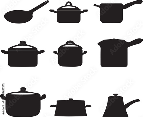 Cooking Pots and Pans Silhouette Set, Kitchen Cookware Icons