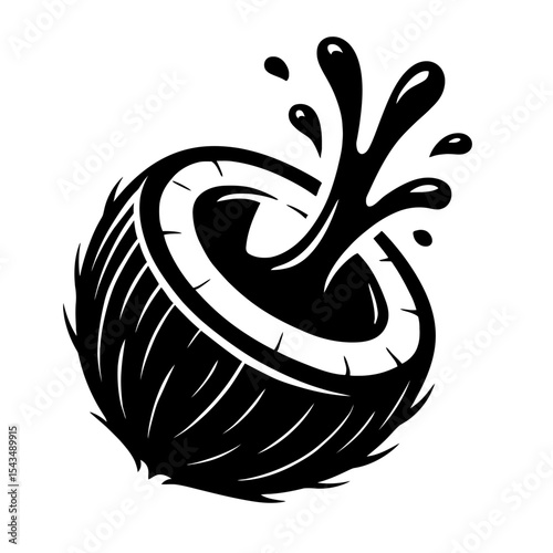 Half Coconut with Splashing Water Icon - Refreshing Vector for Tropical Drinks, Juices, and Summer Concepts.