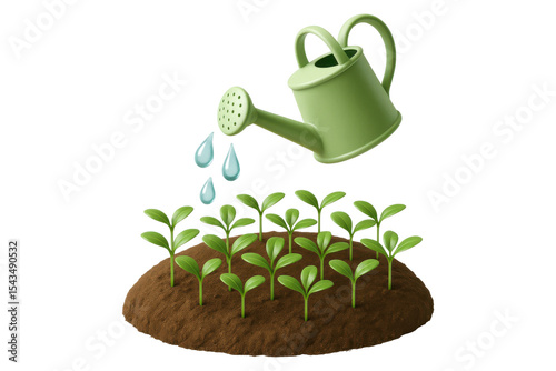 Green watering can pouring water on young plants in brown soil, isolated on transparent background