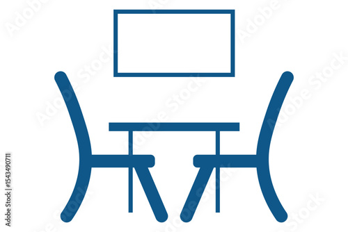 Meeting room presentation, and logo design. Icon for Conference room. Icon Illustration featuring a conference room setup with table, chairs, and a presentation screen for business meetings.