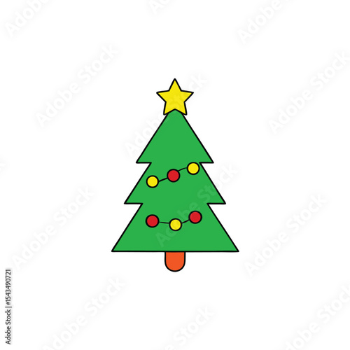 a green tree with red bead garlands and shiny yell