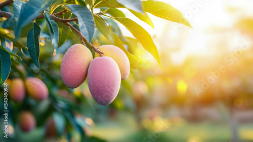 Ripe mangoes on a tree branch in warm sunlight