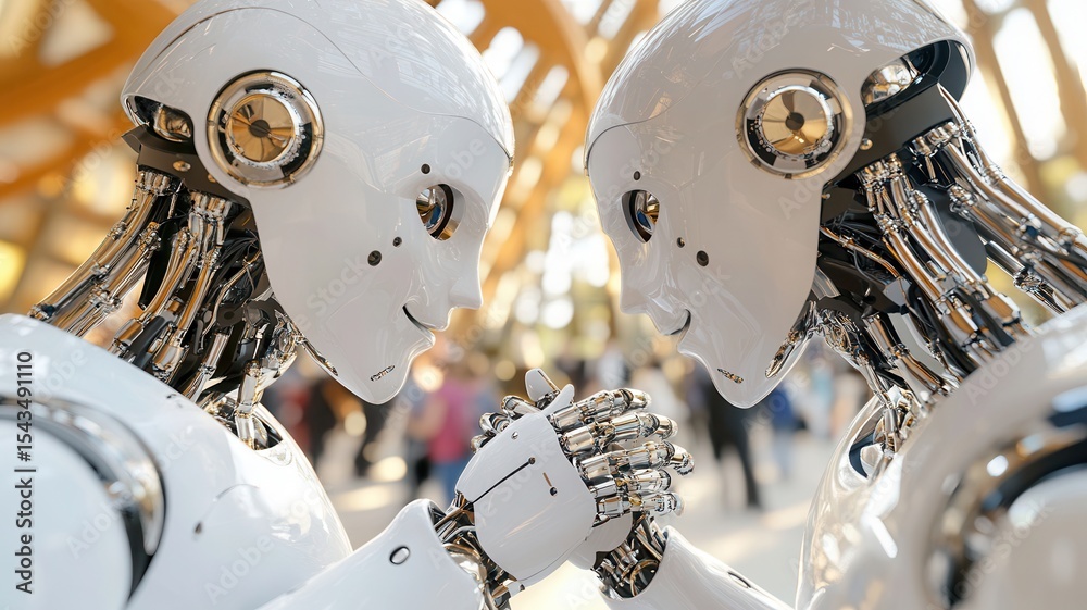 Fototapeta premium Two humanoid robots of different ethnicities shaking hands in corporate lobby surrounded by professionals. Robotics and automation