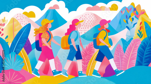 Summer travel concept: Three woman hiking in nature with mountains and colorful foliage
