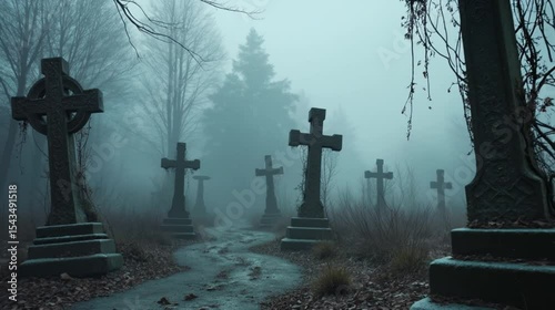 walk through old gothic overgrown cemetery with tilted stone crosses in fog, road winding between graves, halloween concept background