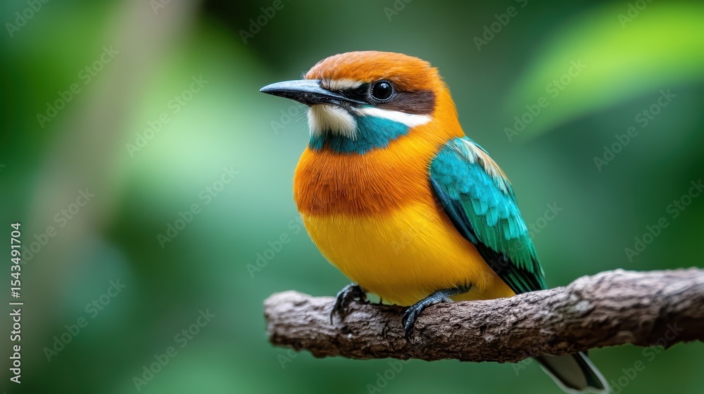 Obraz premium A colorful bird perched on a branch, showcasing brilliant feathers of orange, teal, and white, amidst a vibrant green backdrop of foliage, highlighting beauty and elegance in nature.