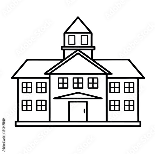 A line art illustration school building on white backround