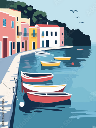 Vector scene of a peaceful Sicilian harbor with docked boats and sunny coastal buildings. Perfect for travel content, packaging, or posters