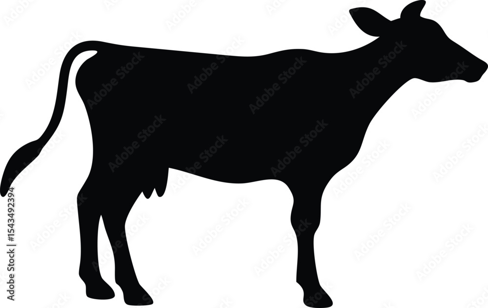 Fototapeta premium Monochrome Cow Silhouette: A Full Body Side View of a Farm Animal, Illustrative Vector Graphic on White, Ideal for Agricultural Designs & Related Themes