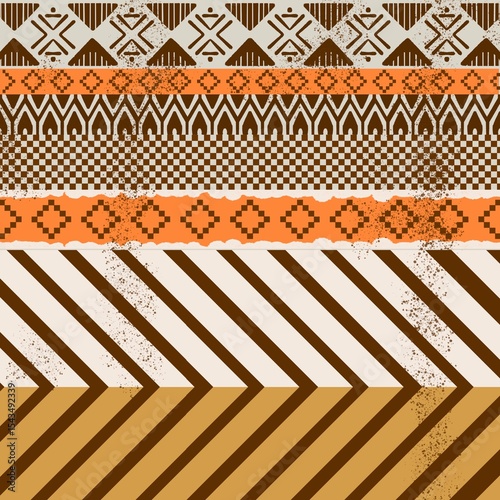 Indian ethnic tribal fabric pattern features a geometric design in rich brown and orange tones, blending ethnic classic cultural elements with modern artistry. The meticulous ethnic detailing highlig
