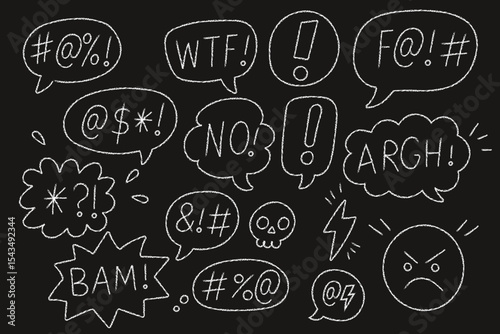Chalk drawn angry comic bubbles with swearing symbols
