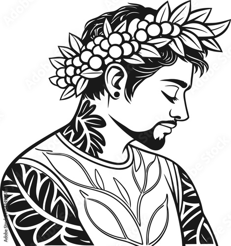 Japanese woman in traditional kimono holding a bouquet, an elegant vector illustration of her beautiful face and hair