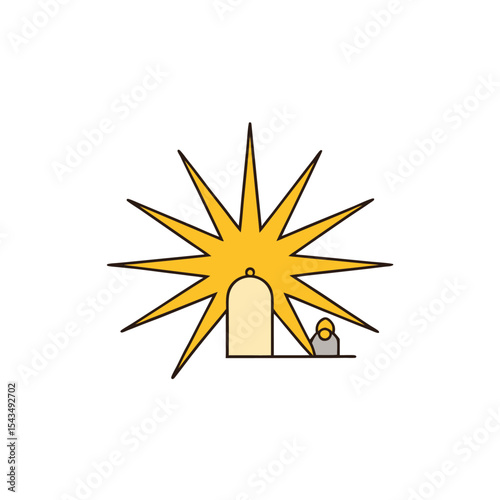 a radiant starburst behind a small nativity scene 