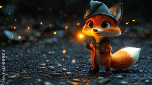 A small, anthropomorphic fox in a wizard's hat, holding a glowing stick, stands amidst glowing fireflies