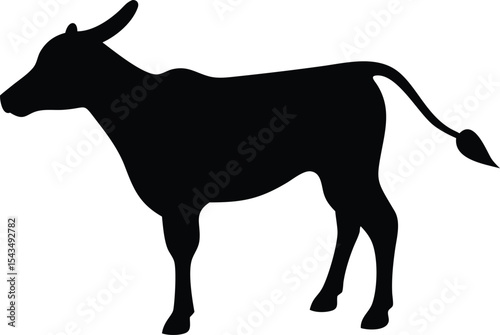 Black Water Buffalo Silhouette Isolated on White Background: Full Side Profile of Mammal with Visible Horns, Tail, and Legs.                          