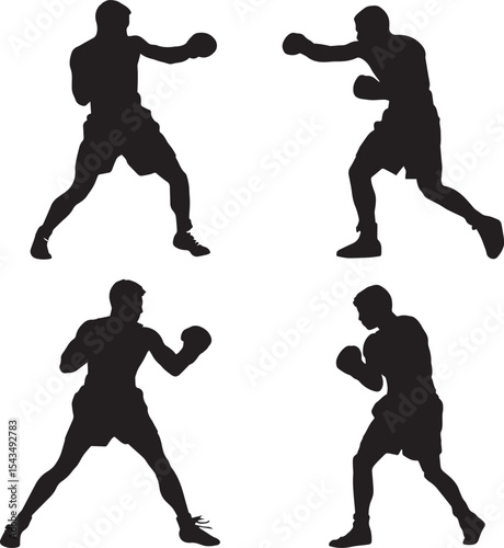 Boxing Silhouettes, Male Fighter Action Poses, Sports Vector Set