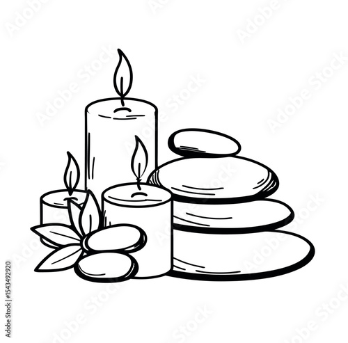  line art illustration of spa stones and candles on white backround.