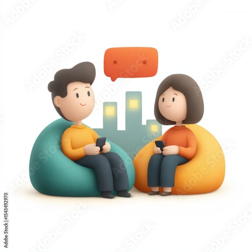 People sitting in beanbag chairs chat and share data. Online communication, digital lifestyle, social connection, information sharing.