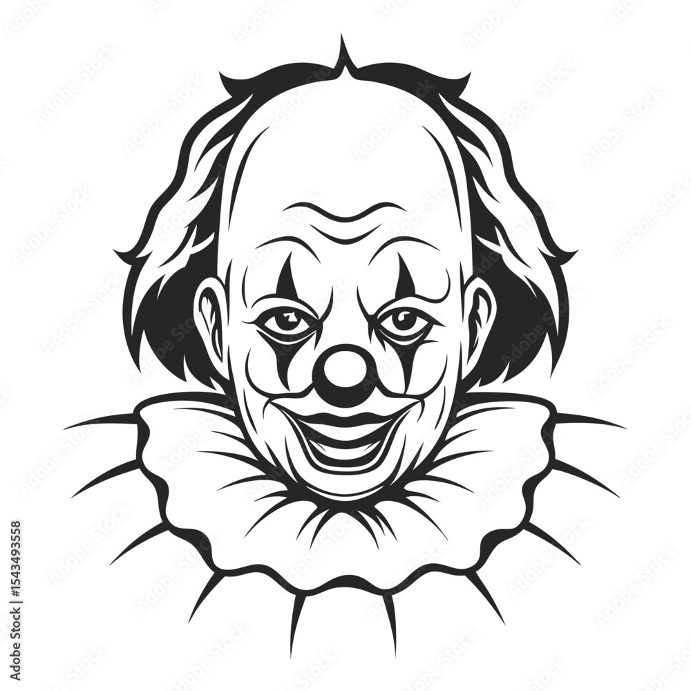 Obraz premium Monochrome Clown Head: Detailed vector graphic of a scary clown face with curly hair and ruff collar, isolated on white, suitable for Halloween or horror themes.