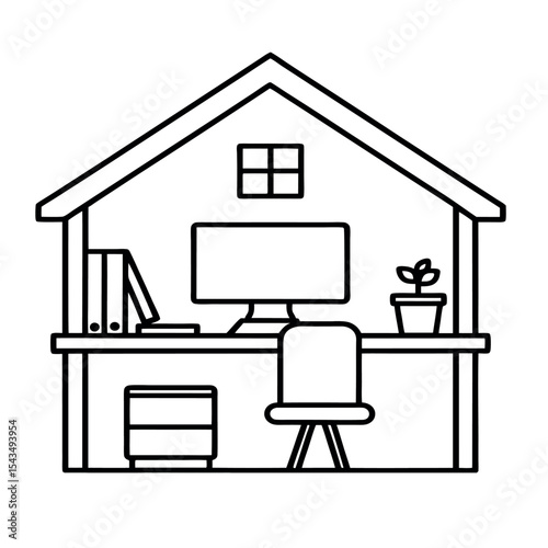 line art illustration home office setup on white backround



