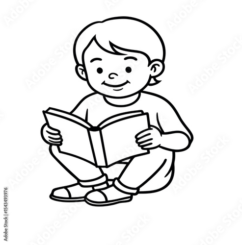 line art illustration child reading book on white backround