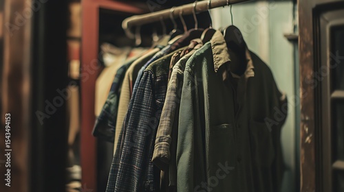 Old clothes hanging in the cloakroom clothing