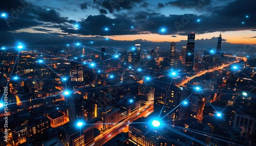 Aerial view of a cityscape at night. 5G wireless network, high speed internet, cloud computing or connect diagram technology.