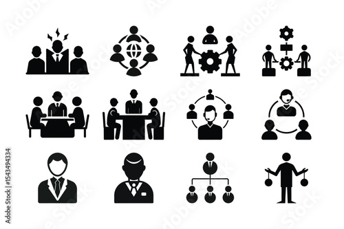 Diverse Business and Teamwork Icons Representing Organization Leadership Collaboration and Global Connection in a Modern Workplace Environment and Various Business Structure